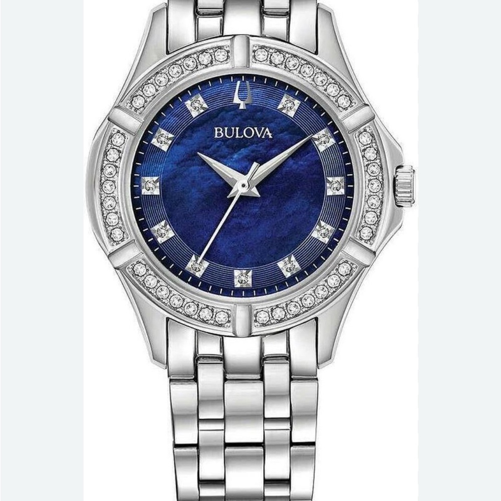 Bulova Silver and Blue Crystal-Embellished Watch